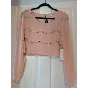 Cover Stitched Pink Sheer Mesh Crop Top Long Sleeve Studded Rhinestone NWT